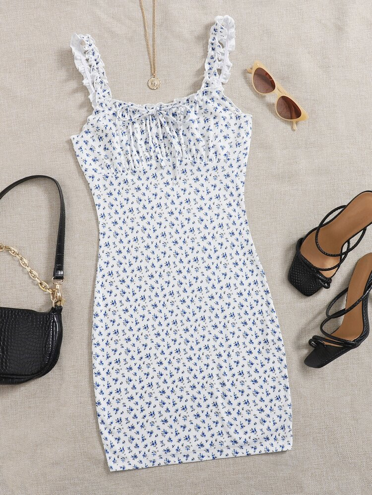 SHEIN Frilled Strap Tie Front Ruched Bust Ditsy  Floral Dress | SHEIN