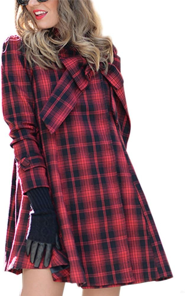 CHICWISH Women's Comfy Casual Warm Big Bow Green/Red Tartan Check Dolly Dress Coat | Amazon (US)