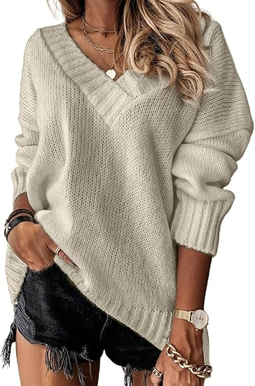 EVALESS Oversized Sweaters for Women Sexy Deep V Neck Long Sleeve Cable Knit Sweater Loose Jumper... | Amazon (US)