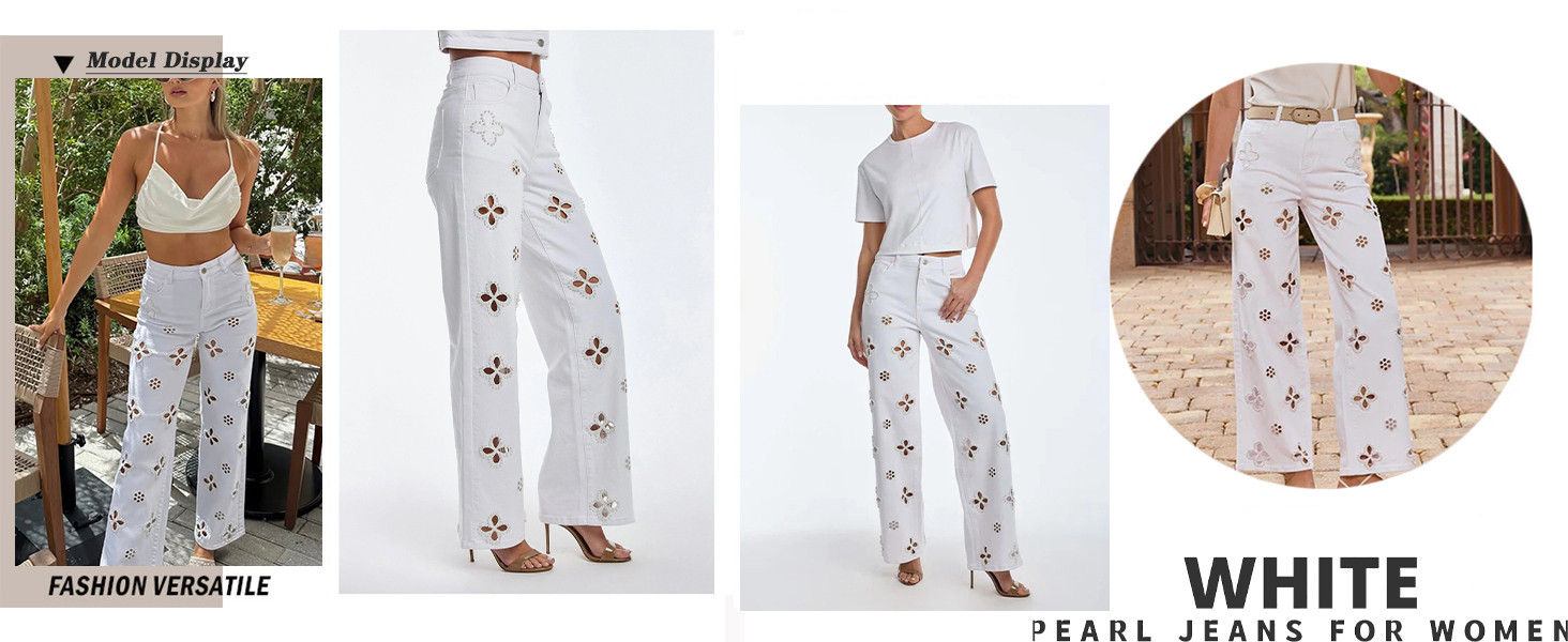Women's High Waisted Wide Leg Jeans Trendy Stretch Pearl Floral Openwork Embellished Denim Pants | Amazon (US)