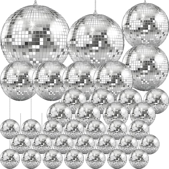 The Dreidel Company Mirror Disco Ball 36-Pack Variety of Sizes, Silver Hanging Ball with Attached... | Amazon (US)