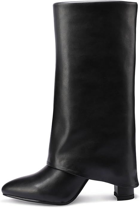 Vaslemuse Women's Mid-Calf Boots Fold Over Chunky Heel Pointed Toe Slouch Riding Boots | Amazon (US)