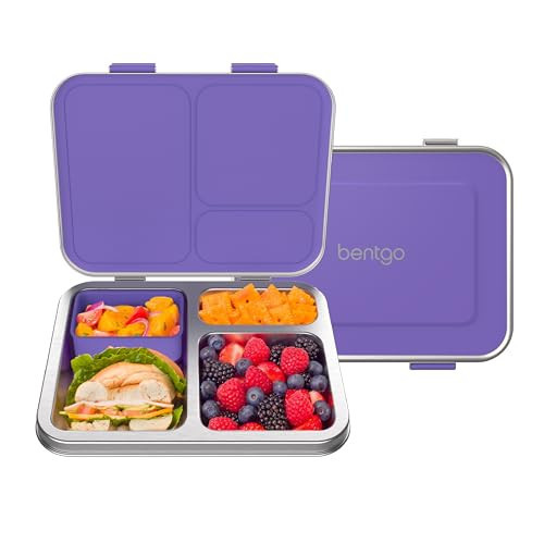 Bentgo Kids Stainless Steel Leak-Resistant Lunch Box - 3-Compartments with Bonus Silicone Container, Durable, Eco-Friendly, Dishwasher Safe, BPA-Free, Ideal for School, Ages 3+ (Purple) | Amazon (US)