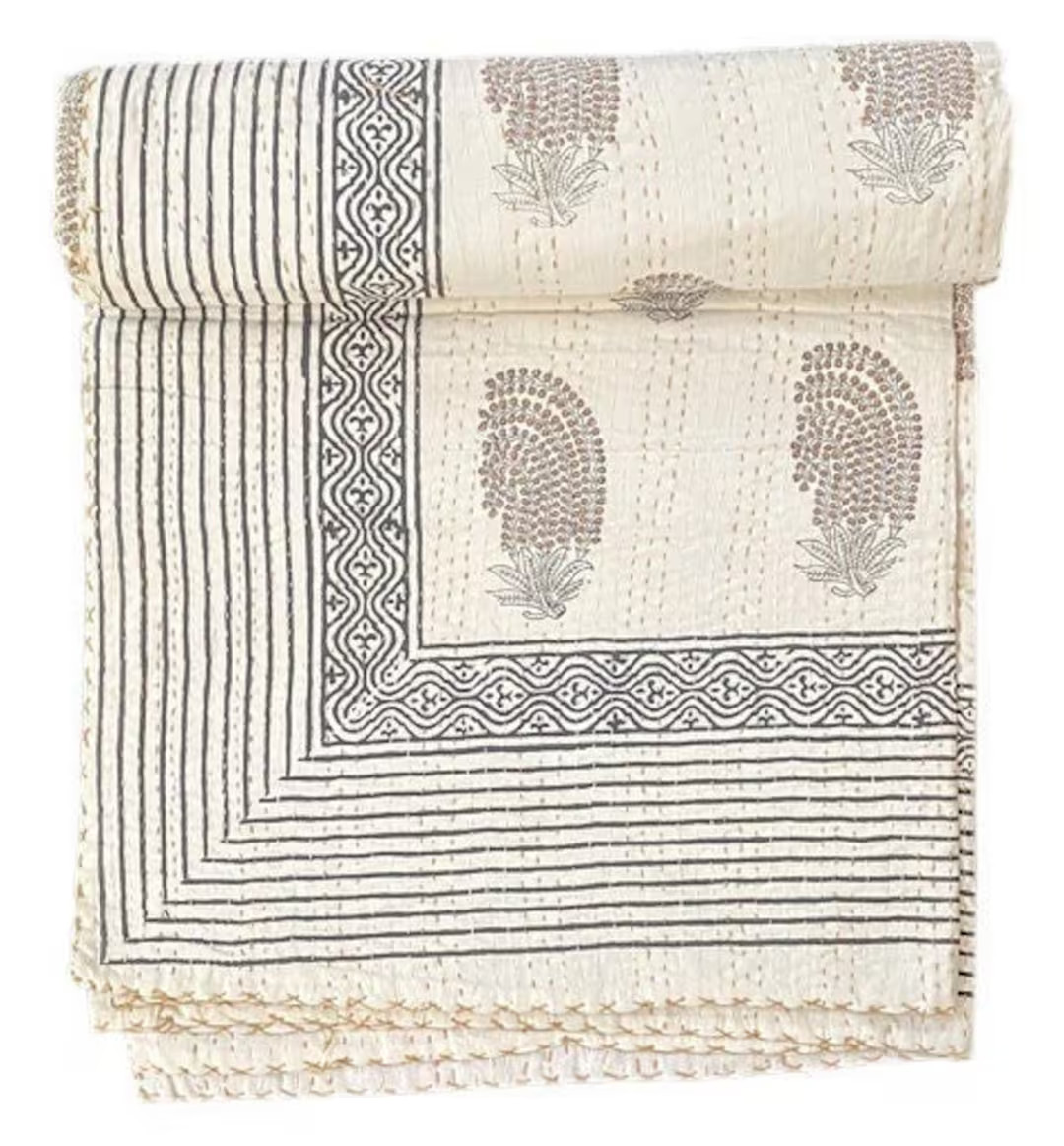 Popular Kantha Quilt Handblock Print floral Kantha Amanda Designed Indian Netural Colour Indian i... | Etsy (US)