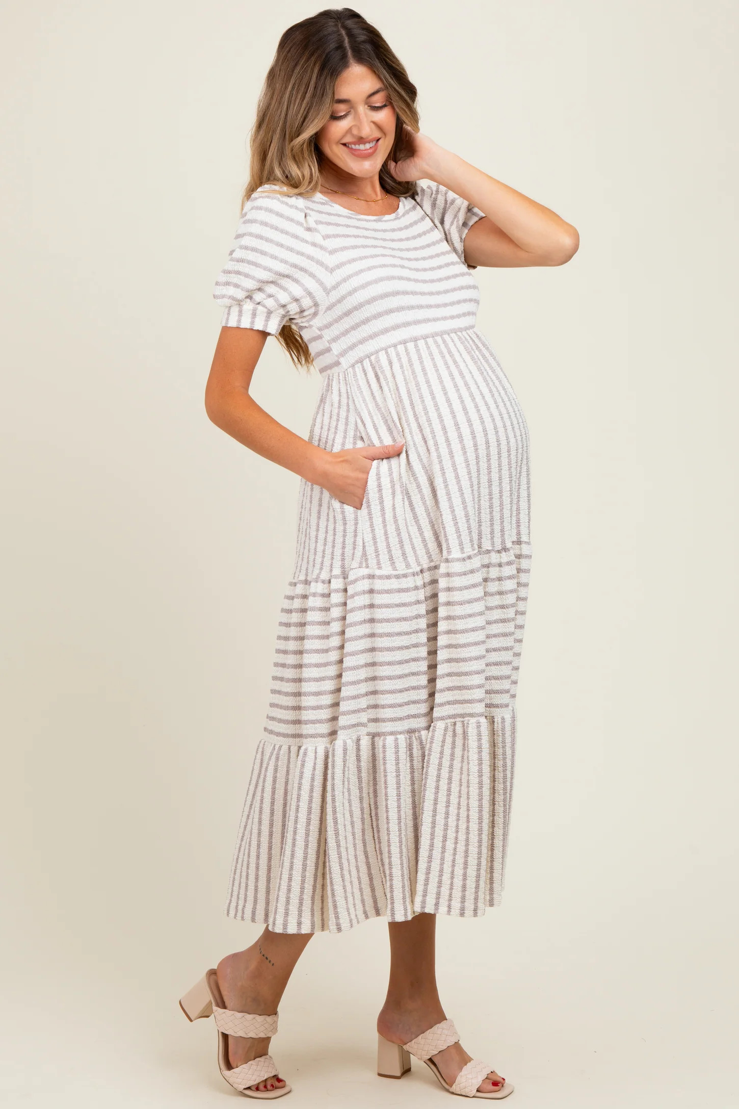 Cream/Taupe Striped Short Sleeve Tiered Maternity Maxi Dress | PinkBlush Maternity