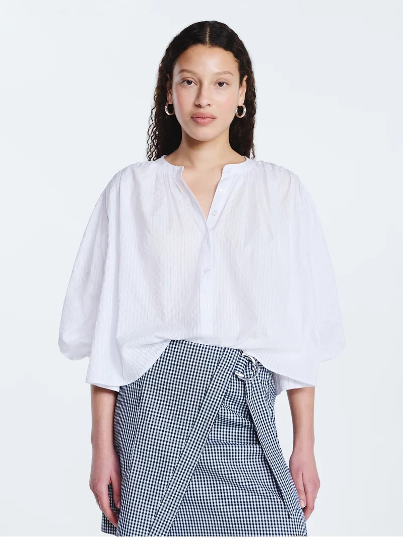 Free Assembly Women's Shirred Cotton Button Down Blouse with Long Sleeves, Sizes XS-XXL | Walmart (US)