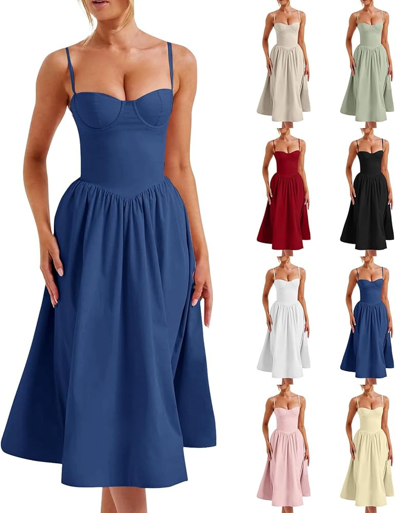 Corset Dress for Women Formal Spaghetti Strap Bustier Midi Dresses Flowy Pleated Hem Corset Sundr... | Amazon (US)