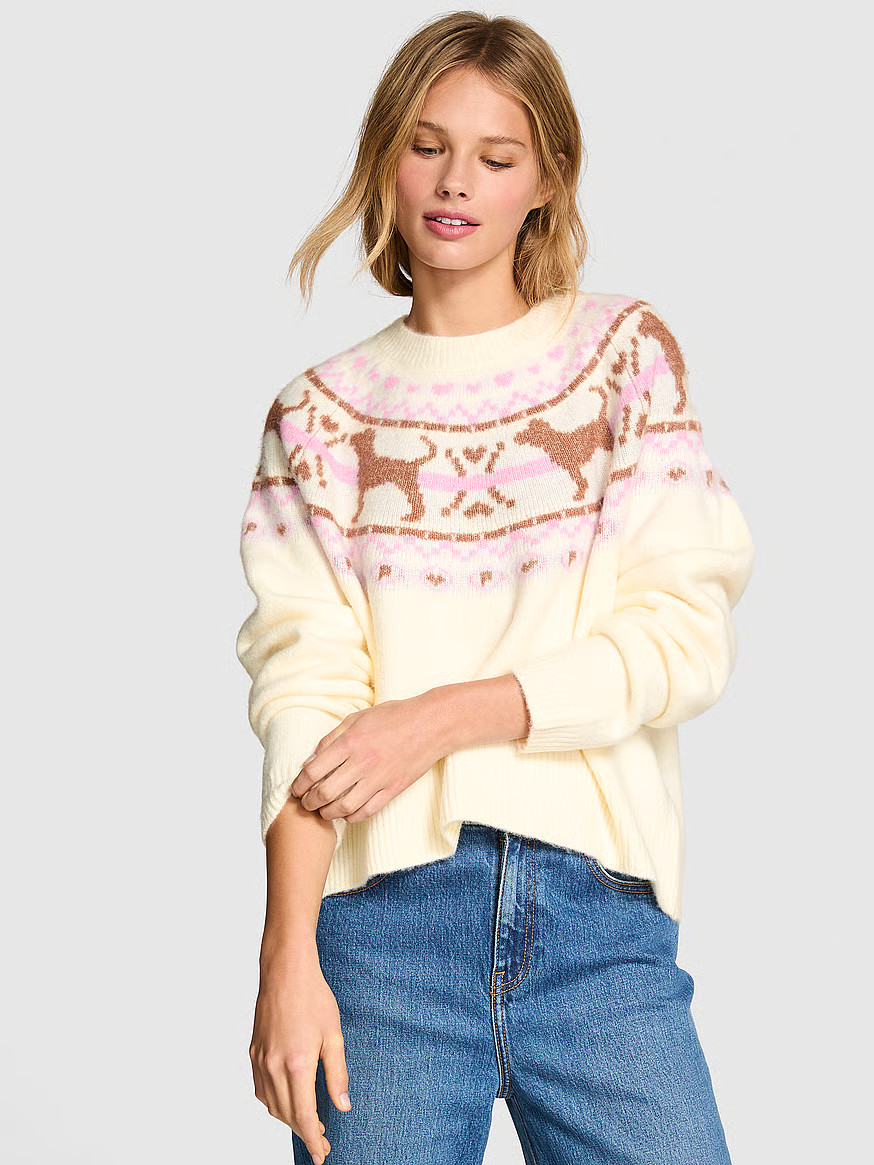 Buy Not Your Boyfriend’s Boxy Sweater, Winter White Fairisle Dog - Order Sweaters online - PINK... | Victoria's Secret (US / CA )