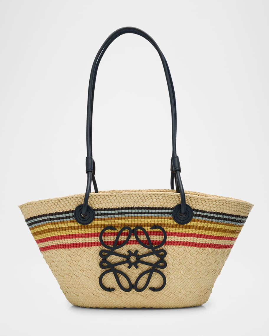 x Paula’s Ibiza Small Anagram Striped Basket Tote Bag in Raffia | Neiman Marcus
