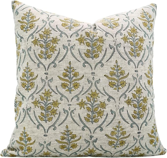 Farmhouse Cushioncase Viscose Linen Fabric 16x16 Inch Vintage Handmade Floral Block Print Throw P... | Amazon (US)
