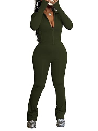 HBQ Womens Two Piece Tracksuit Sets Long Sleeve Zip Up Crop Tops and Flare Pants Casual Workout Oufit Jogger Loungewear Set-Army Green-L | Amazon (US)