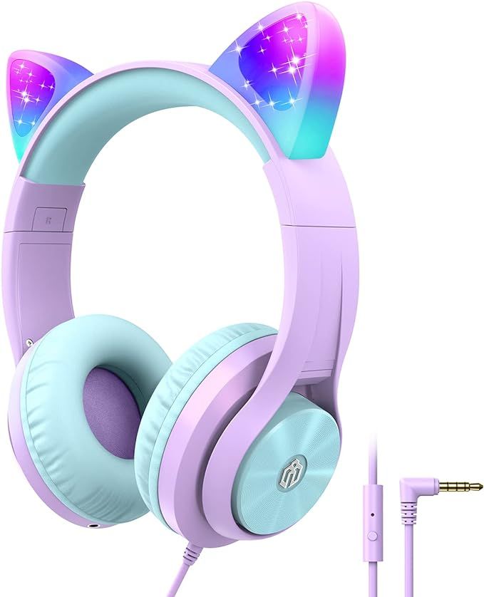 Cat Ear Led Light Up Kids Headphones with Microphone, iClever HS20 Wired Headphones -Shareport- 9... | Amazon (US)