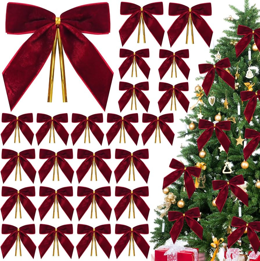 24 Pcs Burgundy Velvet Bows for Christmas Tree,Dark Red Velvet Bows Ornaments Christmas Tree Bow ... | Amazon (US)