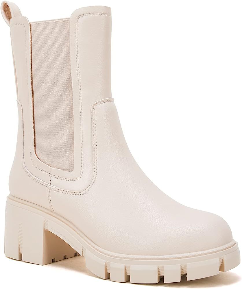 TINSTREE Women's Lug Sole Platform Boots Mid Calf Elastic Chunky Block Heel Leather Chelsea Booties  | Amazon (US)