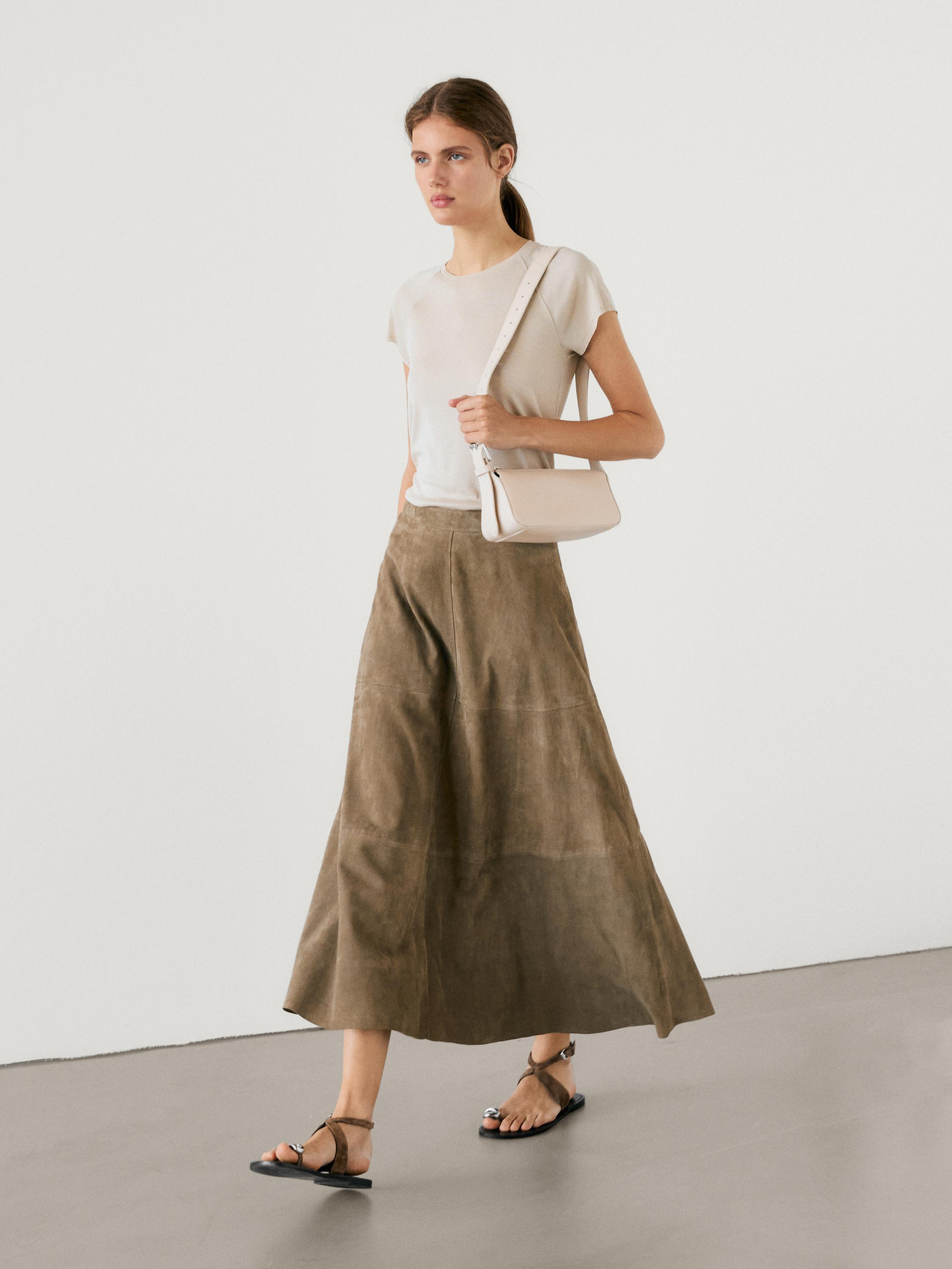 Suede leather flared midi skirt | Massimo Dutti UK