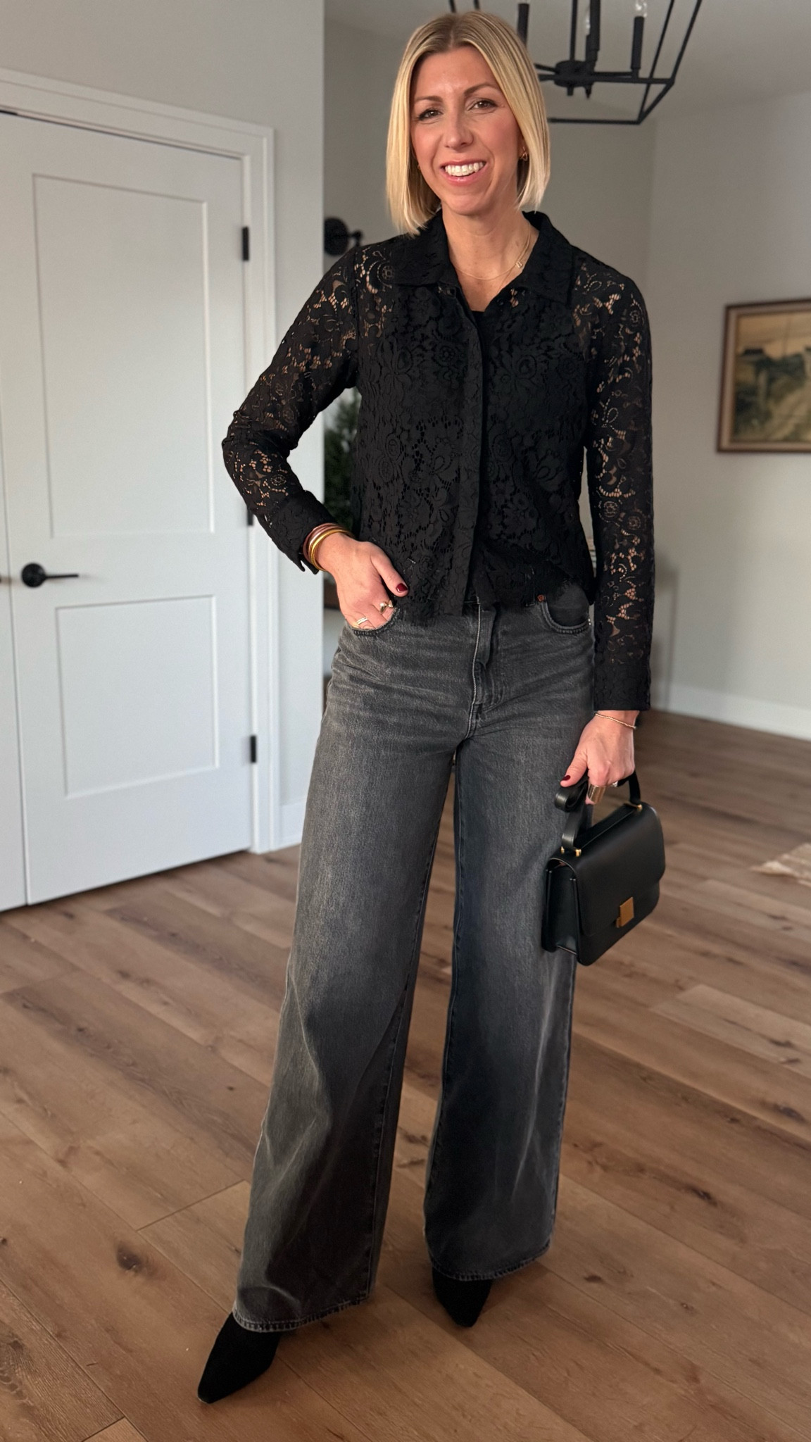 Dressy holiday look with grey, wide leg jeans! I love this monochromatic look, looks so elevated and sophisticated for a dressier holiday occasion. These jeans fit true to size- and have a relaxed fit 👍🏻

#LTKSeasonal #LTKOver40 #LTKHoliday
