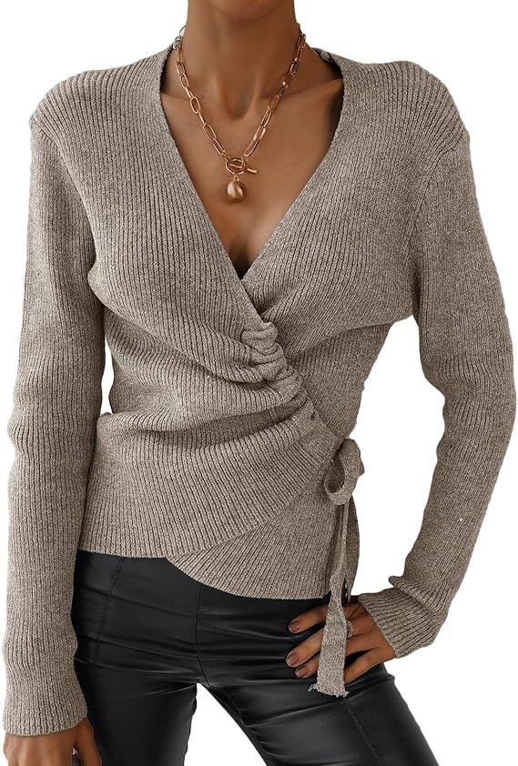 Eurivicy Women's Wrap V Neck Sweater Long Sleeve Drawstring Knot Front Solid Ribbed Knit Cardigan... | Amazon (US)