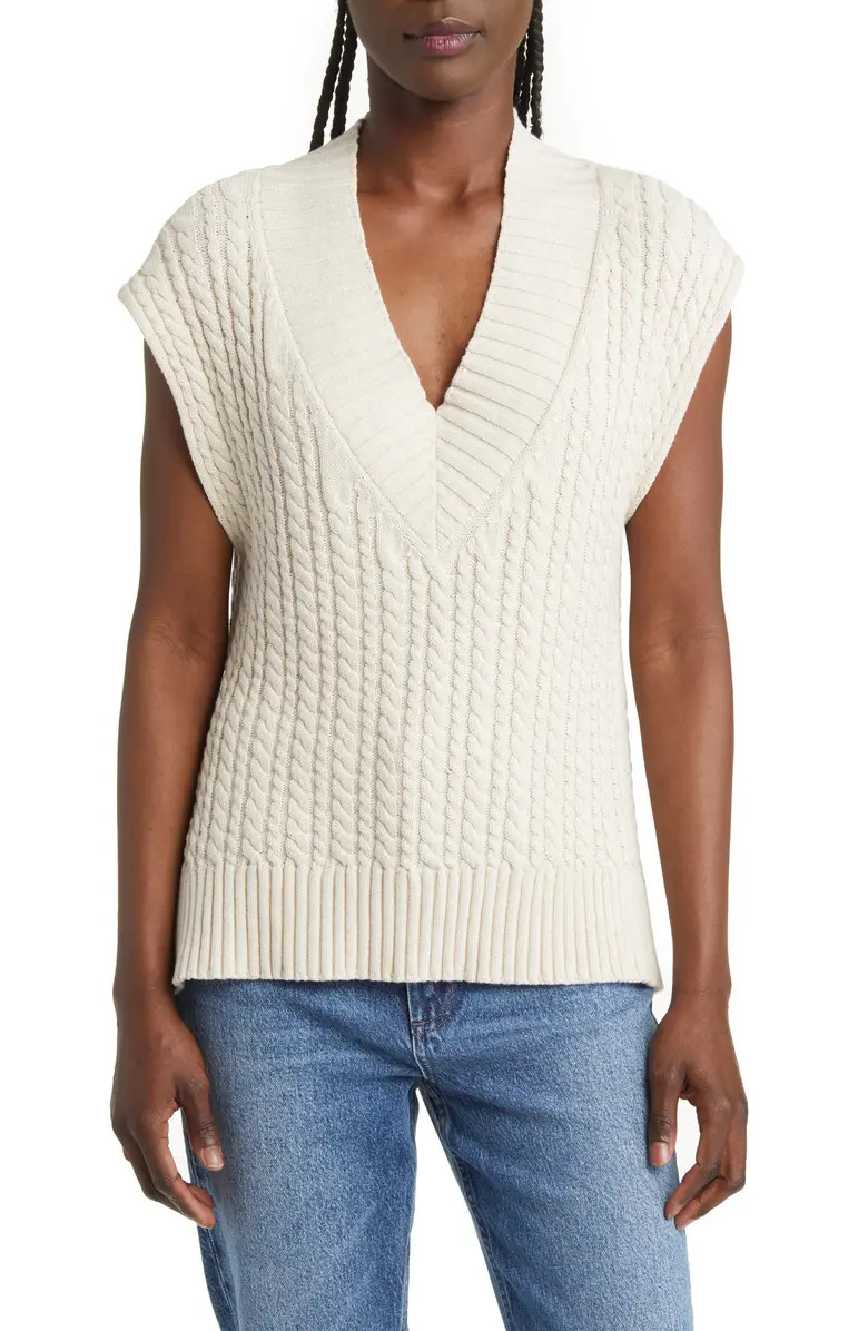 Mozart Cable Stitch Cap Sleeve V-Neck Sweater | Nordstrom