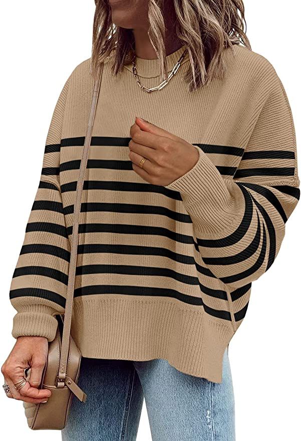 Womens Sweaters Causal Crewneck Batwing Sleeve Knit Top Side Split Oversized Pullover Sweater Loo... | Amazon (US)