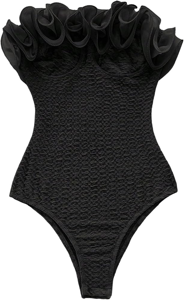 OYOANGLE Women's Ruffle Strapless Tube Top Bodysuit Sleeveless Textured Going Out Leotard Tops | Amazon (US)