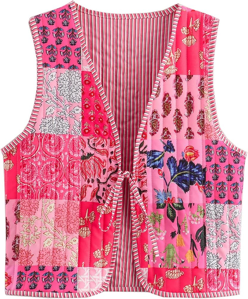 Yimoon Women's Cropped Quilted Vest Floral Printed Puffer Vest Lightweight Sleeveless Tie Front P... | Amazon (US)