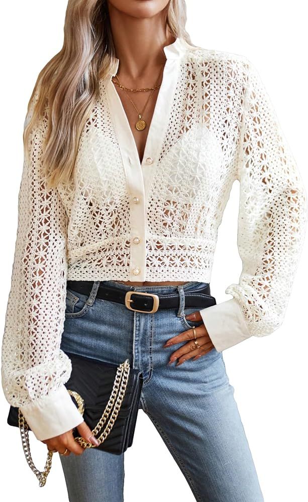 GORGLITTER Women's Crochet Button Down Crop Blouse Top Hollow Out Long Sleeve Shirt Coat | Amazon (US)