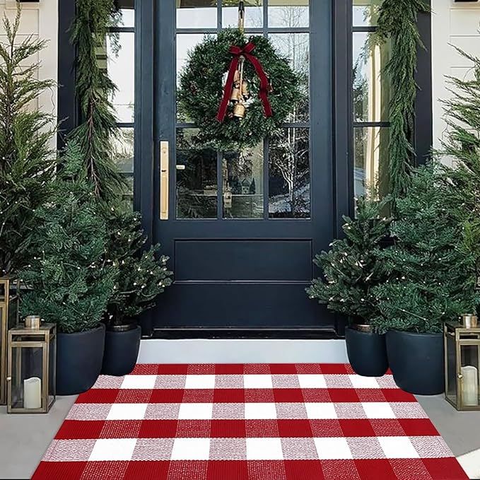 Christmas Door Mat Outdoor 27.5"x43" Buffalo Plaid Christmas Decor Rug Cotton Hand-Woven Layered ... | Amazon (US)