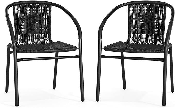 EMMA + OLIVER 2 Pack Black Rattan Indoor-Outdoor Restaurant Stack Chair with Curved Back | Amazon (US)
