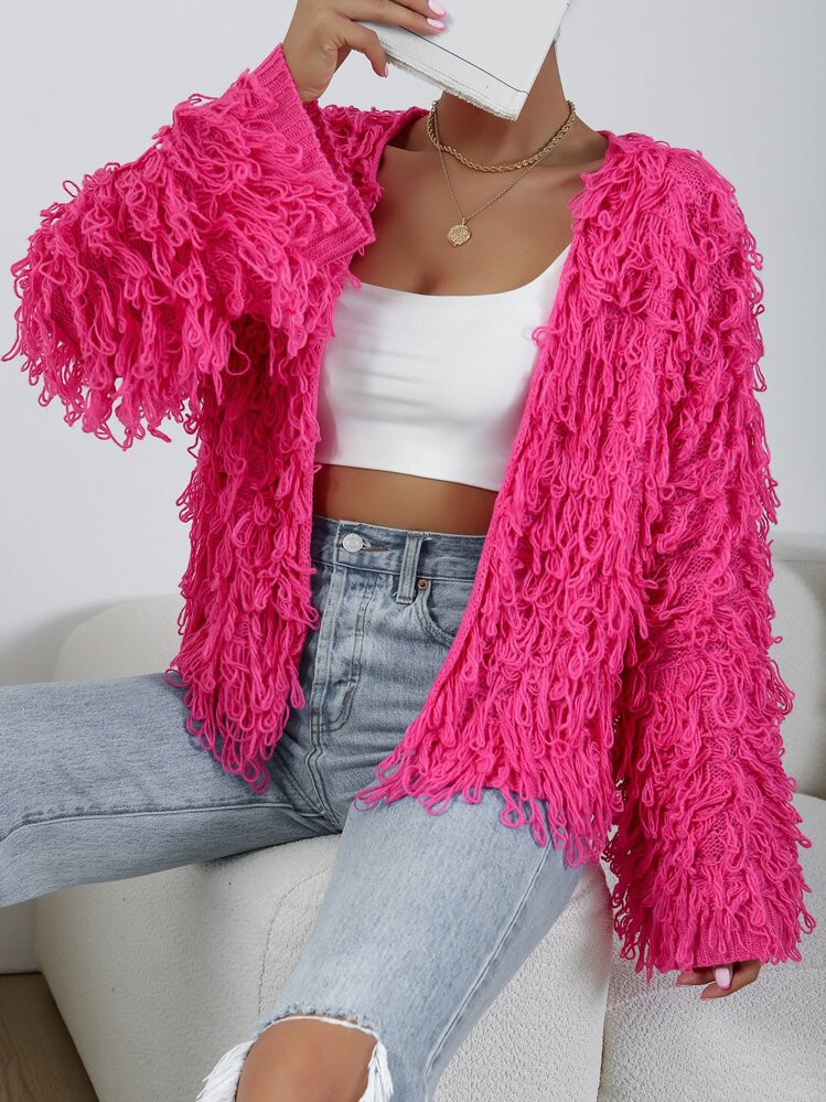 Women's Fluffy Solid Color Long Sleeve Loose Knit Cardigan | SHEIN