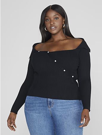 Norma Off-The-Shoulder Asymmetrical Button Sweater - Fashion To Figure | Fashion To Figure
