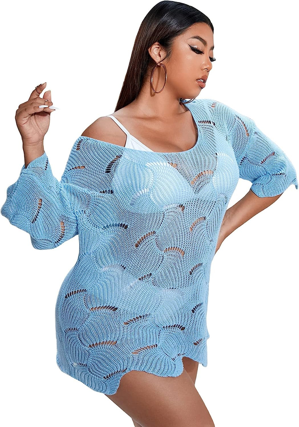 MakeMeChic Women's Plus Size Crochet Swimsuit Cover Up Sheer Beach Dress | Amazon (US)