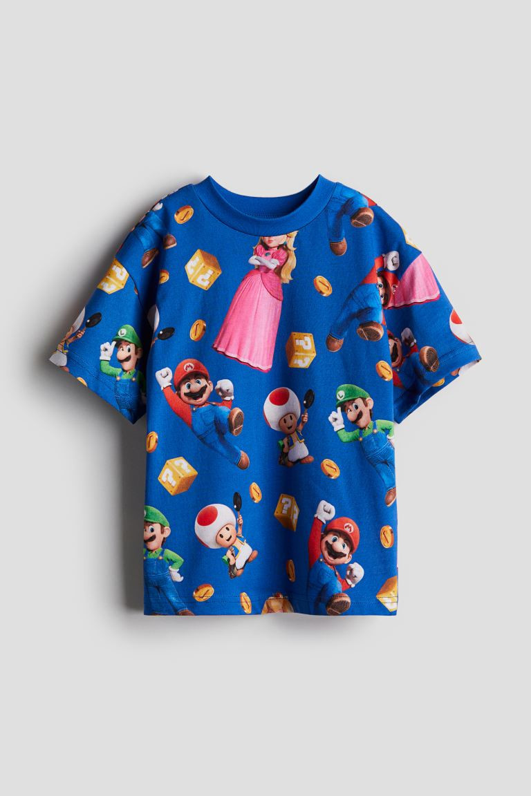 Printed T-shirt - Round Neck - Short sleeve - Bright blue/Super Mario - Kids | H&M US | H&M (US + CA)
