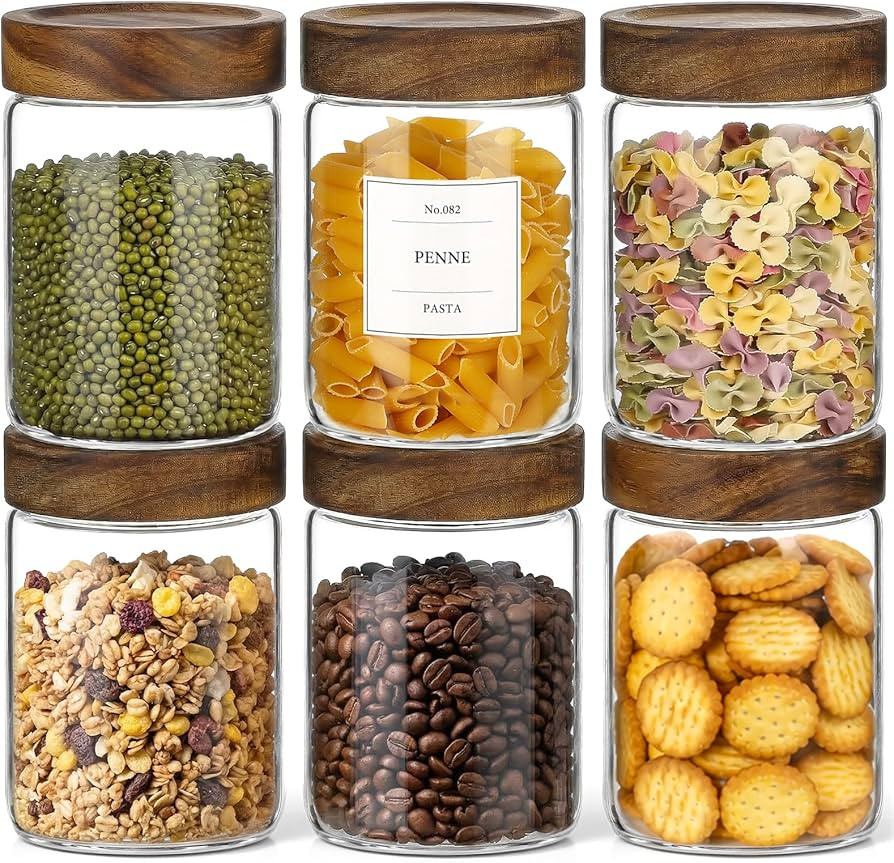 CONNOO 28oz Glass Storage Jars with Wood Lids (6-Pack) – Includes 120 Pre-Printed Waterproof Wh... | Amazon (US)
