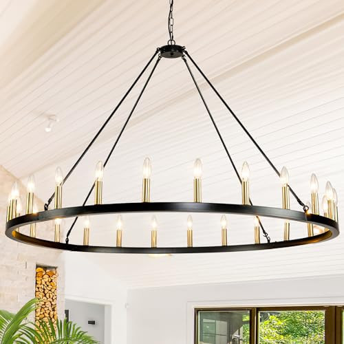 Sdorens Wagon Wheel Chandelier Farmhouse 24 Light, 53 Inch Extra Large Chandeliers for High Ceilings, Round Black and Gold Chandeliers for Living Room, Dining Room, Entryway, Foyer | Amazon (US)