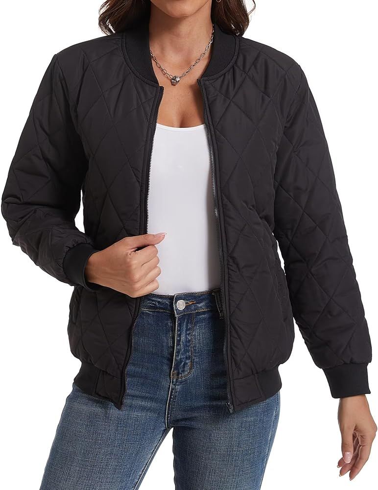 babyhealthy Women's Diamond Quilted Jacket Bomber Jacket Full Zip Up Winter Coats Casual Lightwei... | Amazon (US)
