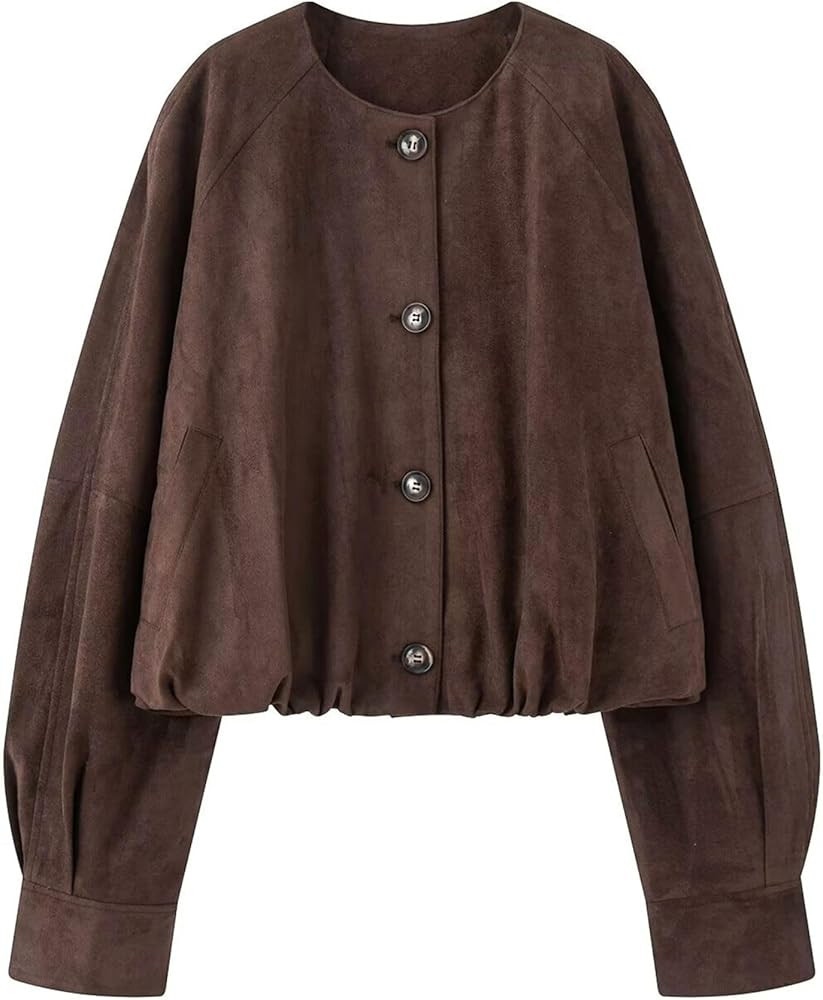 Xunger Women's Faux Suede Button Jacket Oversized Gathered Hem Short Length Coat Casual Vintage O... | Amazon (US)