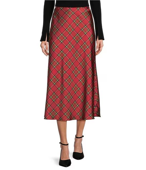 Blakely Plaid Satin A-Line Midi Skirt | Dillard's