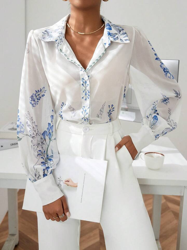 SHEIN Privé Floral Print Button Front Shirt | SHEIN