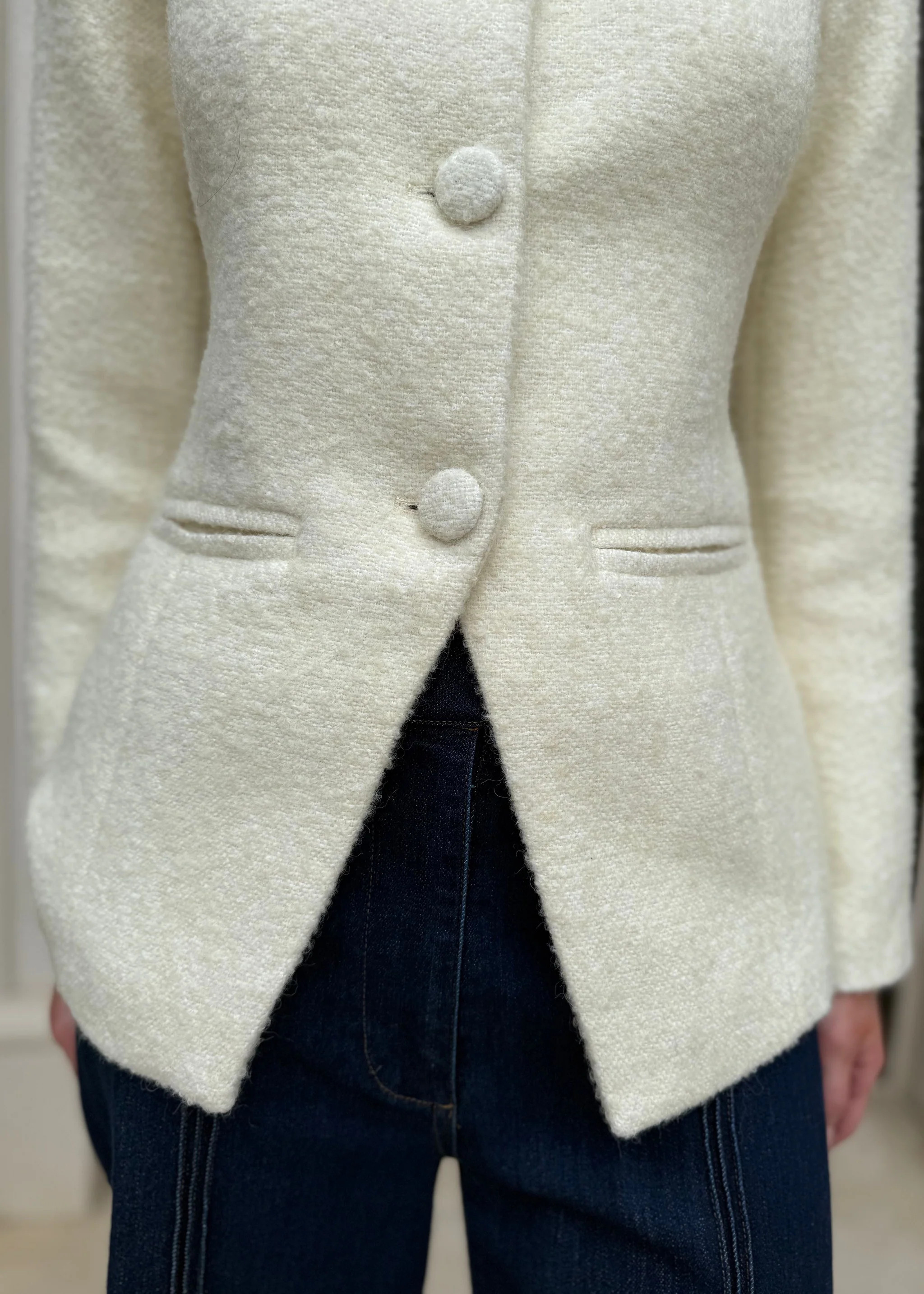 Angelica Cream Boucle Button Down Longline Tailored Blazer Jacket | Benaar La