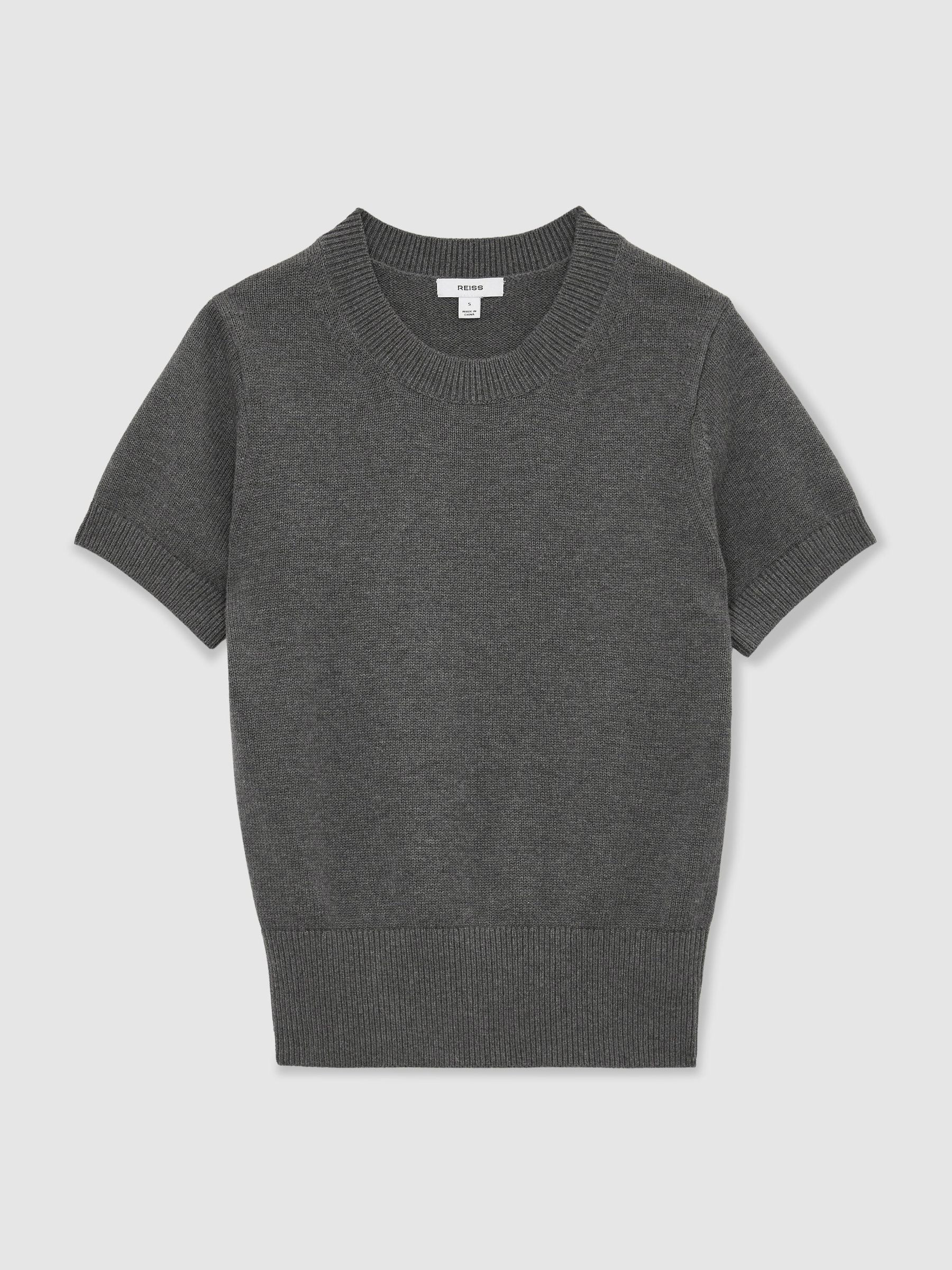 Reiss Cotton and Wool Short-Sleeve Knit Top in Grey - REISS | Reiss UK