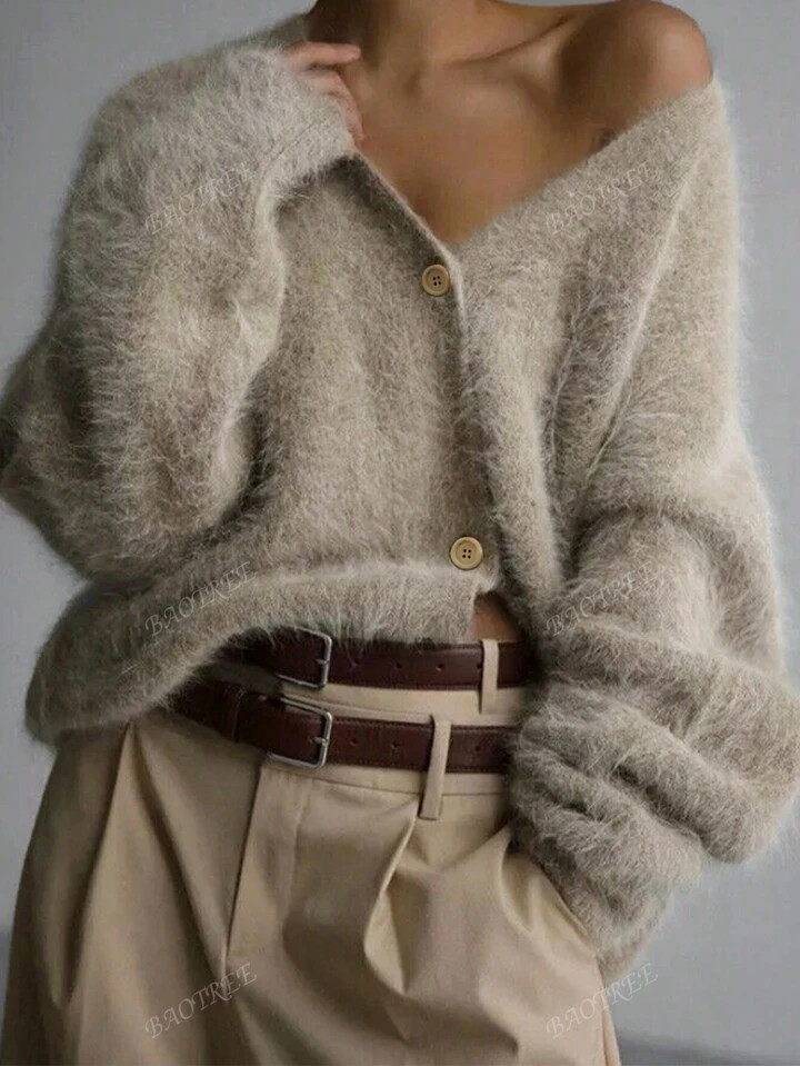 V-hals gebreide cardigan, houtnerfknopen, lange mouwen, pluizige open voorkant, effen kleur, casu... | SHEIN