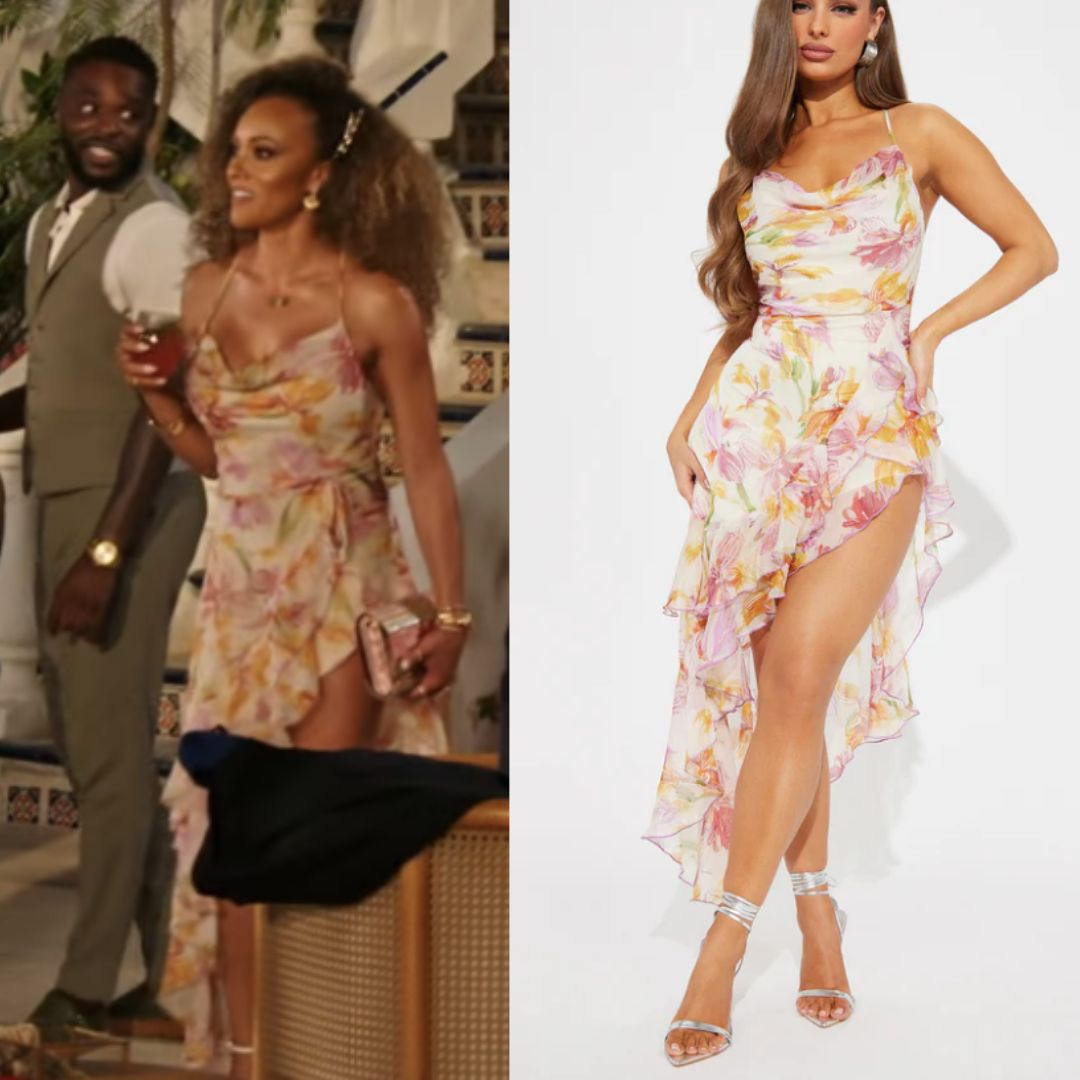 Ashley Darby’s Floral Ruffle Dress on Love Hotel Season 1 Episode 1 is from Fashion Nova