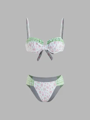 Square Neck Floral Gingham Underwire Cheeky Bikini Set - Cider | Cider