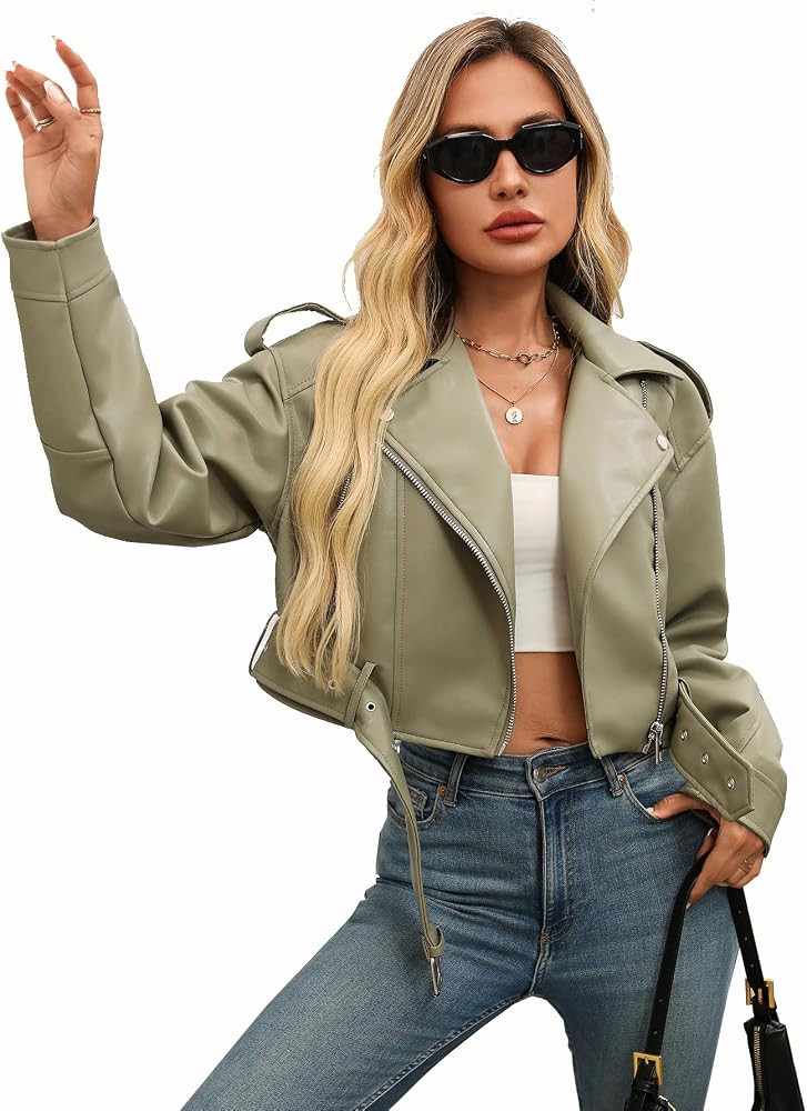 LY VAREY LIN Women Faux Leather Cropped Jacket Vegan Motor Biker Coat with Belt | Amazon (US)