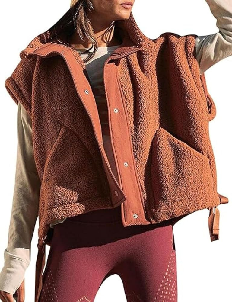 Women's Oversized Fleece Vest Sleeveless Casual Button Down Piecing Fuzzy Sherpa Gilet Jacket wit... | Amazon (US)