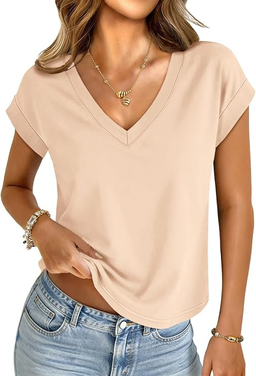 Womens Crop Tops V Neck Short Sleeve T Shirts Summer Basic Tee | Amazon (US)