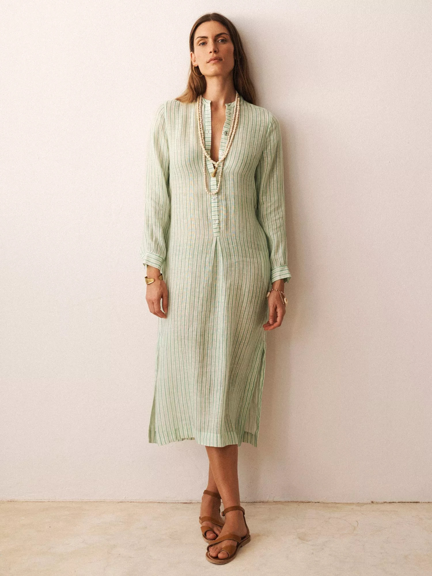 NRBY Elva Stripe Pure Linen Dress, Green | John Lewis (UK)