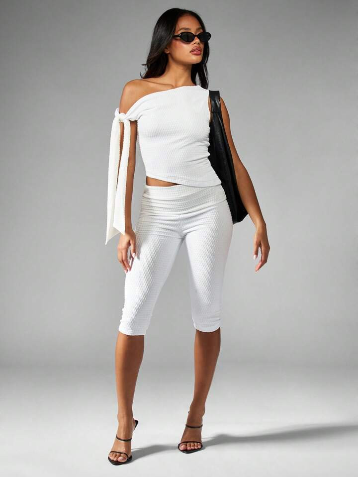 MISSGUIDED Textured Ruched Capri Two Piece Set One Shoulder Tie Detail Summer Holiday Resort Beachwear Party Festival Sleeveless Top And Cropped Pants Co-Ord | SHEIN