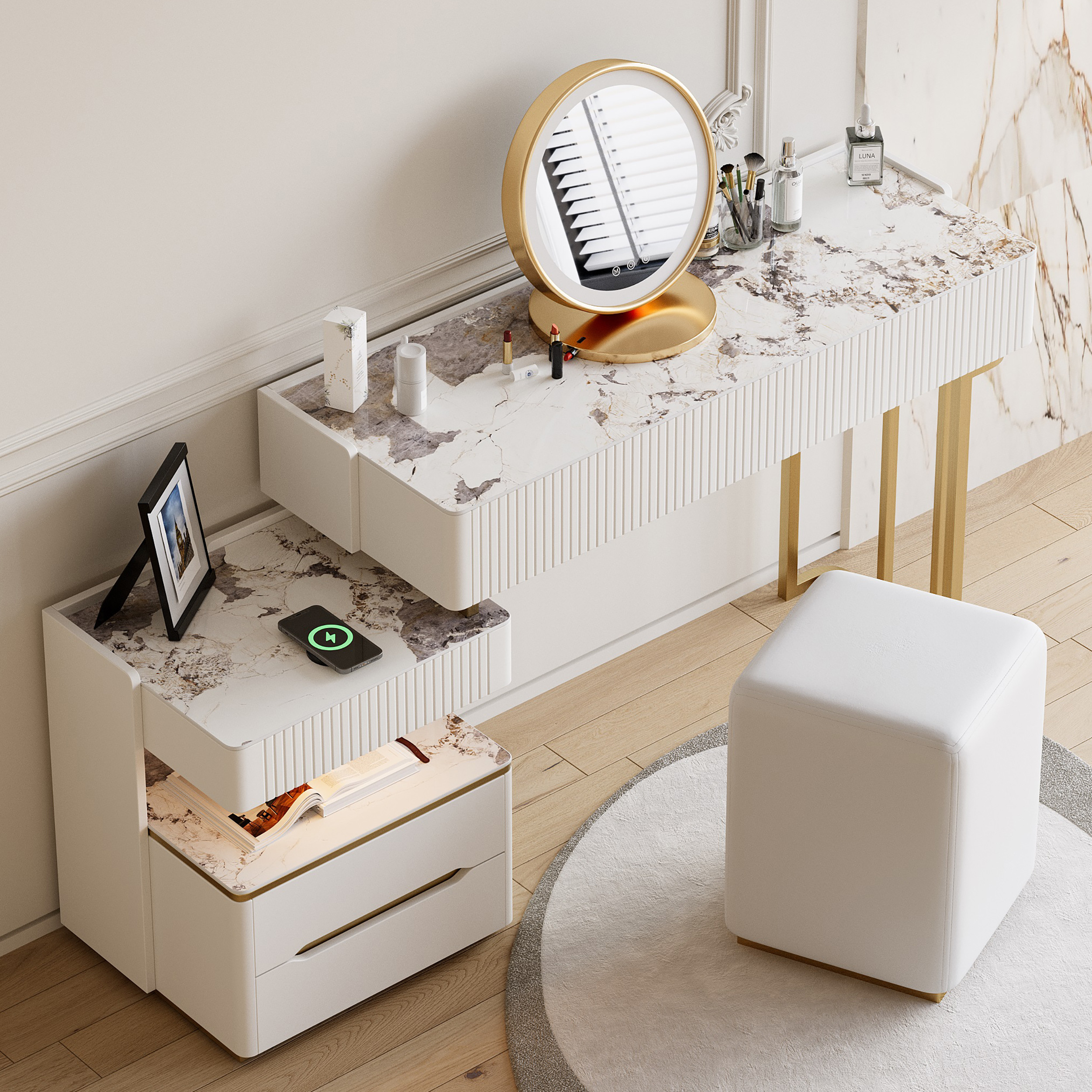 Modern Makeup Vanity Set Dressing Table with Charging Station & Light & Bluetooth Speakers | Homary