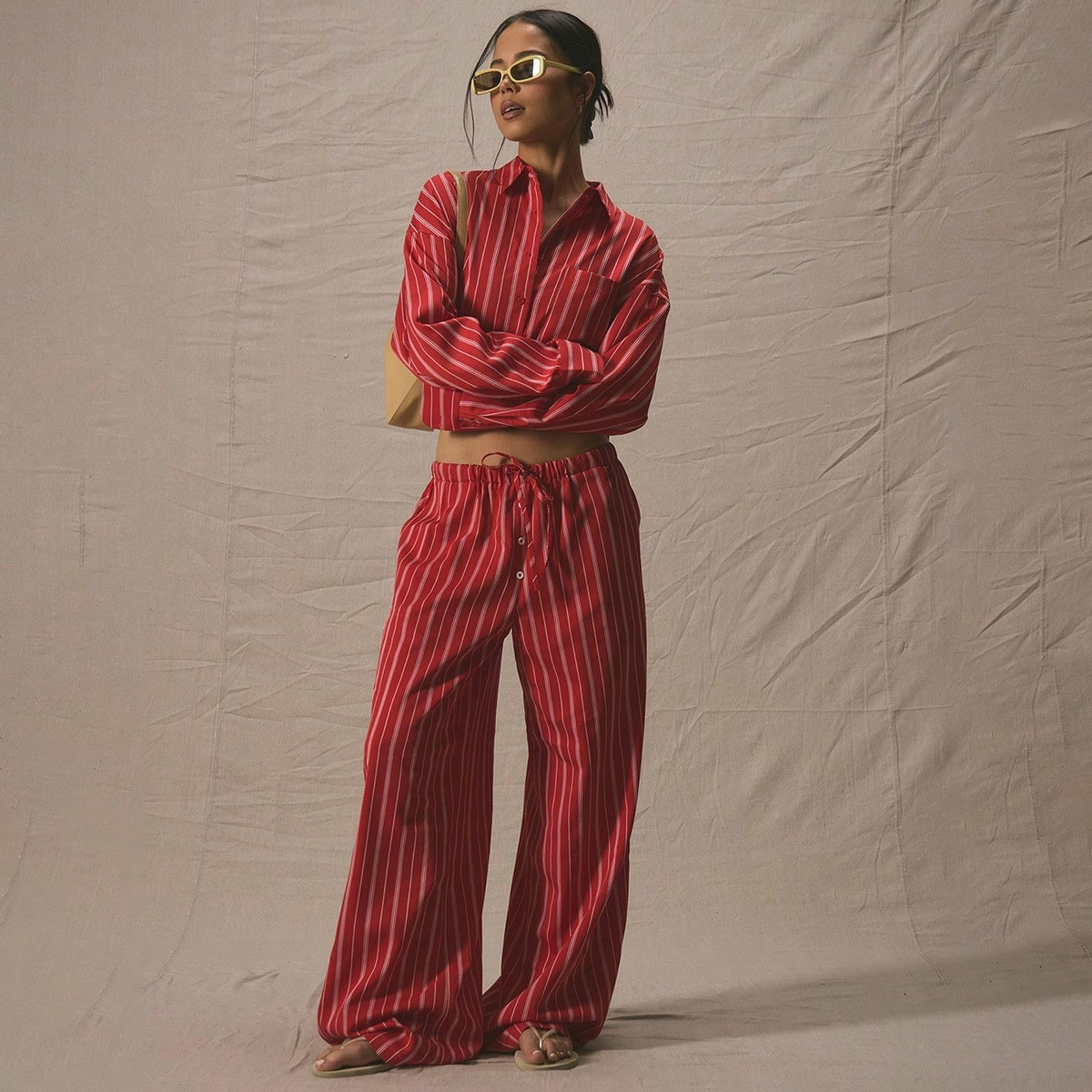 MUSERA Mid Rise Drawstring Waist Wide Leg Trousers Only Summer Cute Vacation Stripe Elegant Cute Al Fresco Airport Pants Holiday | SHEIN